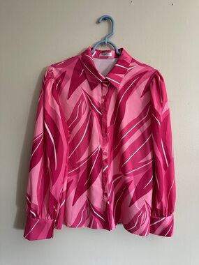 Women’s Pink Patterned Button-Down Blouse - Retro Print